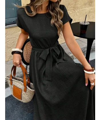 Kadın Kısa Kollu Kayık Yaka Beli Kuşaklı Aerobin Elbise