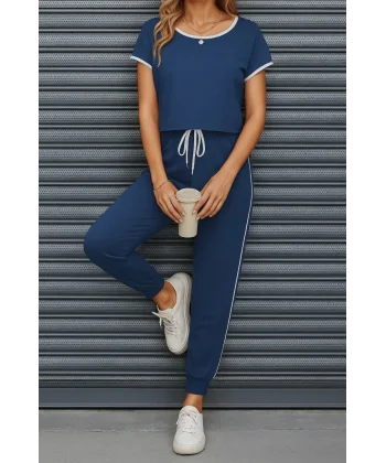 Kadın Kısa Kollu Kayık Yaka Viskon Iki Iplik Bluz Ve Bağcıklı Pantolon Ikili Takım