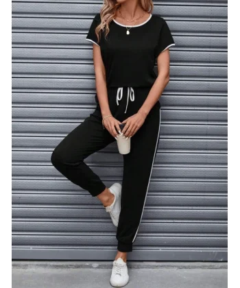 Kadın Kısa Kollu Kayık Yaka Viskon Iki Iplik Bluz Ve Bağcıklı Pantolon Ikili Takım