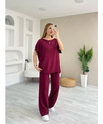 Kadın Kısa Kollu Kayık Yakalı Dikiş Izi Detaylı Viskon Iki Iplik Bluz Ve Pantolon Ikili Takım