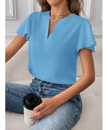 Kadın Kısa Kollu Kelebek Kollu V Yakalı Sandy Bluz