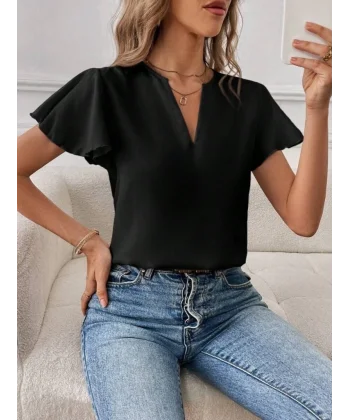 Kadın Kısa Kollu Kelebek Kollu V Yakalı Sandy Bluz