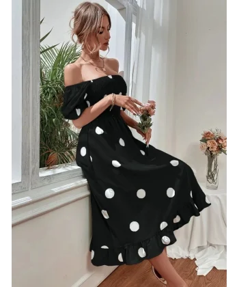 Kadın Kısa Kollu Kollar Ve Etek Ucu Volanlı üst Gipeli Puantiyeli Krep Elbise