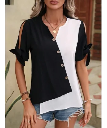 Kadın Kısa Kollu Kollardan Bağlamalı önden Asimetrik Kesim çift Renk Detaylı Düğmeli Ithal Krep Bluz