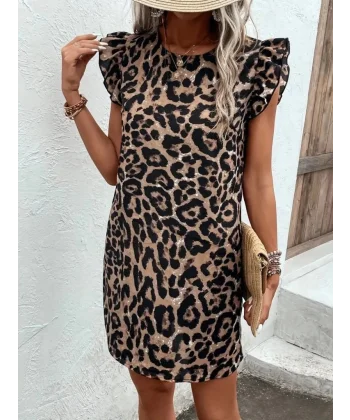 Kadın Kısa Kollu Kolları Fırfır Detay Arkası Bağlamalı Leopar Desen Kolsuz Mini Mikro Elbise