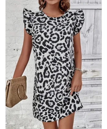 Kadın Kısa Kollu Kolları Fırfır Detay Arkası Bağlamalı Leopar Desen Kolsuz Mini Mikro Elbise