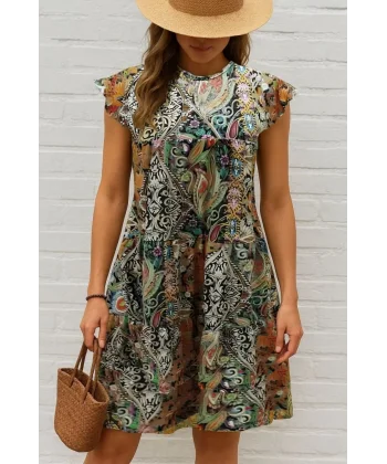 Kadın Kısa Kollu Kolları Fırfırlı Bisiklet Yakalı Kare Desenli Elbise