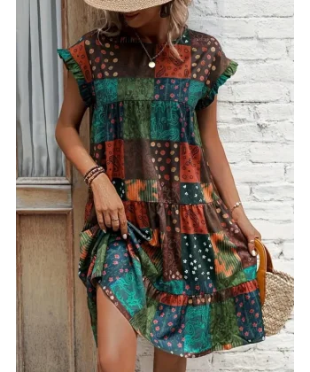 Kadın Kısa Kollu Kolları Fırfırlı Bisiklet Yakalı Kare Desenli Elbise