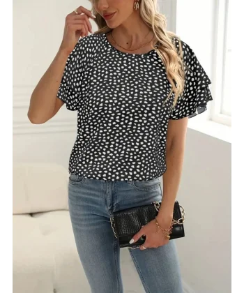 Kadın Kısa Kollu Kolları Volanlı Baskılı Süprem Bluz