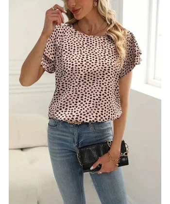 Kadın Kısa Kollu Kolları Volanlı Baskılı Süprem Bluz