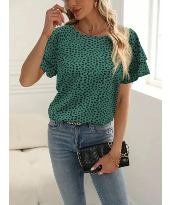 Kadın Kısa Kollu Kolları Volanlı Baskılı Süprem Bluz