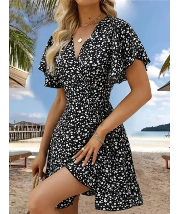 Kadın Kısa Kollu Kolu Ve Eteği Volanlı Fırfırlı çiçek Desenli Mini Elbise