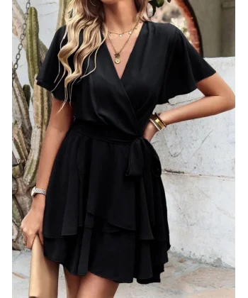 Kadın Kısa Kollu Kruvaze Yaka Belden Kuşaklı Kısa Sandy Elbise