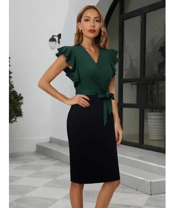 Kadın Kısa Kollu Kruvaze Yaka Beli Kuşaklı Blok Desenli Ithal Krep Elbise