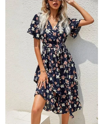 Kadın Kısa Kollu Kruvaze Yaka Beli Kuşaklı çiçek Baskılı Süprem Elbise