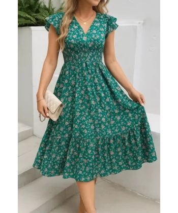 Kadın Kısa Kollu Kruvaze Yaka Beli Lastikli çiçek Desenli Elbise