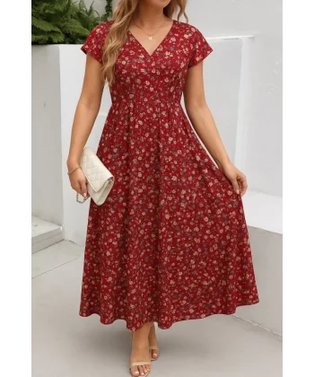 Kadın Kısa Kollu Kruvaze Yaka Beli Lastikli çiçek Desenli Elbise