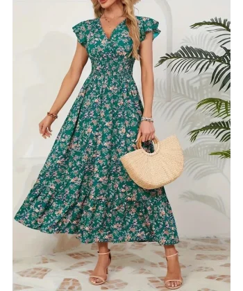 Kadın Kısa Kollu Kruvaze Yaka Beli Lastikli çiçek Desenli Elbise