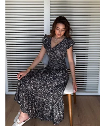 Kadın Kısa Kollu Kruvaze Yaka Beli Lastikli çiçek Desenli Elbise
