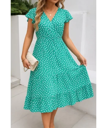 Kadın Kısa Kollu Kruvaze Yaka Beli Lastikli çiçek Desenli Elbise