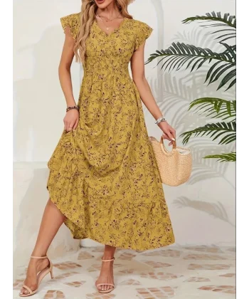 Kadın Kısa Kollu Kruvaze Yaka Beli Lastikli çiçek Desenli Elbise