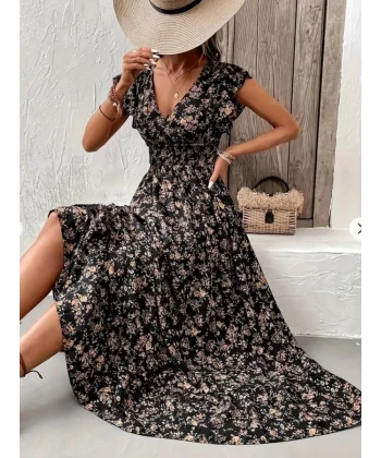 Kadın Kısa Kollu Kruvaze Yaka Beli Lastikli çiçek Desenli Elbise