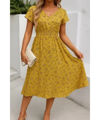 Kadın Kısa Kollu Kruvaze Yaka Beli Lastikli çiçek Desenli Elbise