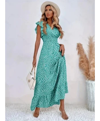 Kadın Kısa Kollu Kruvaze Yaka Beli Lastikli çiçek Desenli Elbise