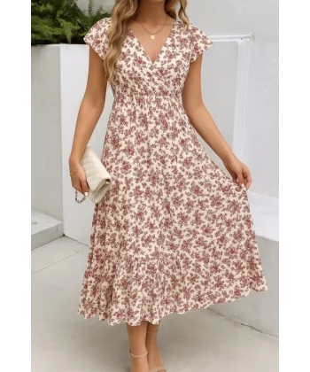Kadın Kısa Kollu Kruvaze Yaka Beli Lastikli çiçek Desenli Elbise