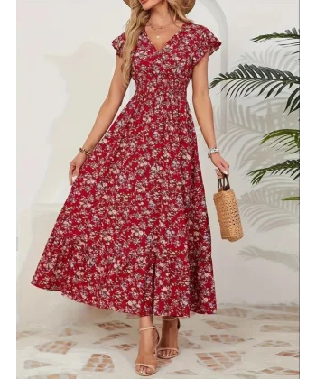 Kadın Kısa Kollu Kruvaze Yaka Beli Lastikli çiçek Desenli Elbise