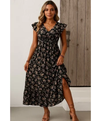 Kadın Kısa Kollu Kruvaze Yaka Beli Lastikli çiçek Desenli Elbise
