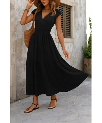 Kadın Kısa Kollu Kruvaze Yaka Beli Lastikli Süprem Maksi Boy Elbise