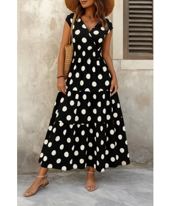 Kadın Kısa Kollu Kruvaze Yaka Beli Lastikli Süprem Maksi Boy Elbise