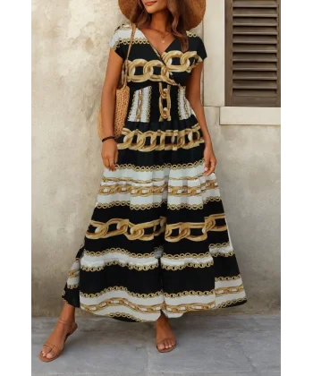 Kadın Kısa Kollu Kruvaze Yaka Beli Lastikli Süprem Maksi Boy Elbise