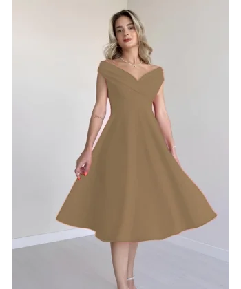 Kadın Kısa Kollu Kruvaze Yaka Eteği Volanlı Krep Elbise