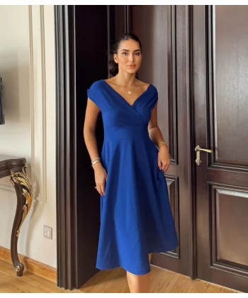 Kadın Kısa Kollu Kruvaze Yaka Eteği Volanlı Krep Elbise