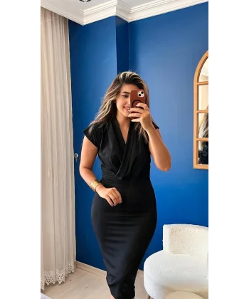 Kadın Kısa Kollu Kruvaze Yaka Krep Elbise (Kemersiz)