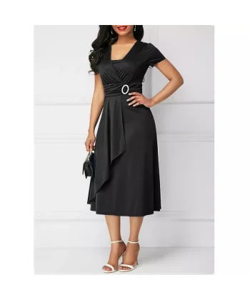 Kadın Kısa Kollu Kruvaze Yaka Kuşak Ve Toka Detay Krep Elbise
