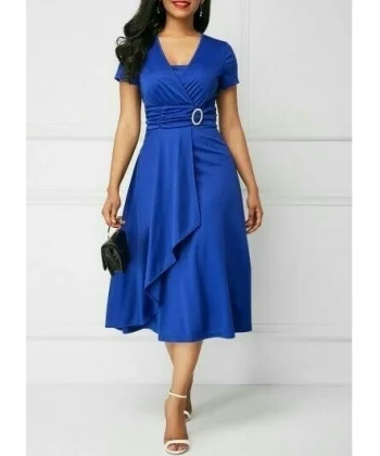 Kadın Kısa Kollu Kruvaze Yaka Kuşak Ve Toka Detay Krep Elbise