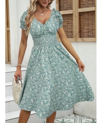 Kadın Kısa Kollu Kruvaze Yaka Lastikli Belden Gipeli çiçek Desenli Suprem Elbise