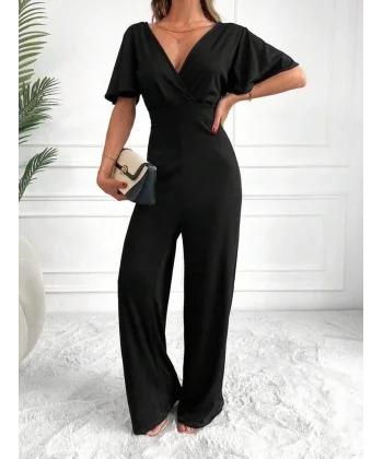 Kadın Kısa Kollu Kruvaze Yaka Sırt Dekolteli Pegasus Kumaş Tulum