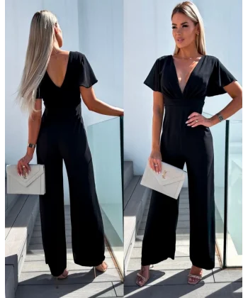 Kadın Kısa Kollu Kruvaze Yaka Sırt Dekolteli Pegasus Kumaş Tulum