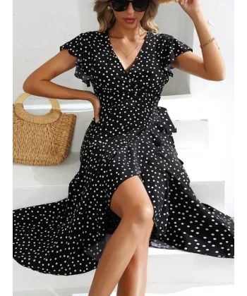 Kadın Kısa Kollu Kruvaze Yaka Yandan Bağlamalı Puantiyeli örme Krep Elbise