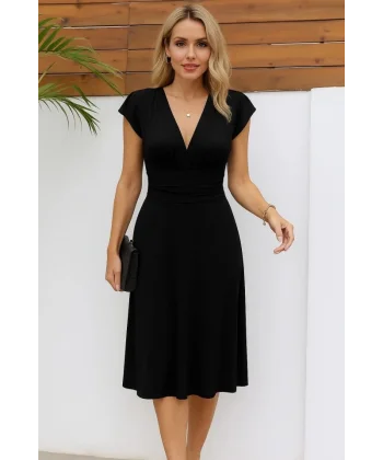 Kadın Kısa Kollu Kruvaze Yakalı Bel Korsajı Buzgulu Midi Janjan Krep Elbise