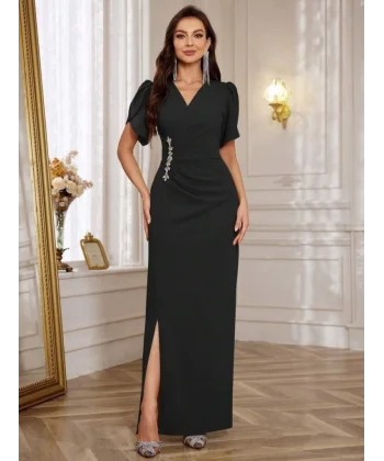 Kadın Kısa Kollu Kruvaze Yakalı Belden çiçek Aksesuarlı Yırtmaçlı Ithal Krep Elbise