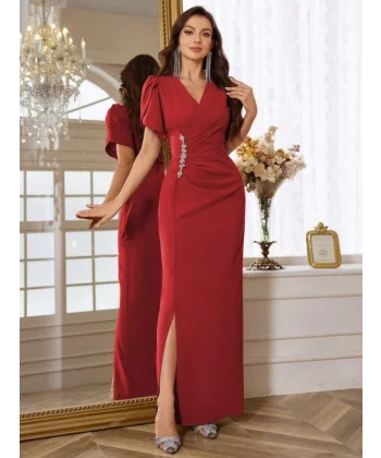 Kadın Kısa Kollu Kruvaze Yakalı Belden çiçek Aksesuarlı Yırtmaçlı Ithal Krep Elbise