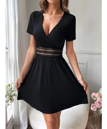 Kadın Kısa Kollu Kruvaze Yakalı Belden Dantelli Kaşkorse Elbise