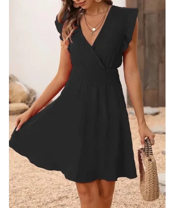 Kadın Kısa Kollu Kruvaze Yakalı Beli Lastikli Aerobin Elbise