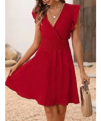 Kadın Kısa Kollu Kruvaze Yakalı Beli Lastikli Aerobin Elbise