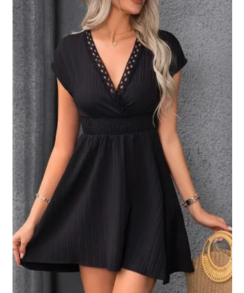 Kadın Kısa Kollu Kruvaze Yakalı Beli Lastikli Bürümcük Elbise